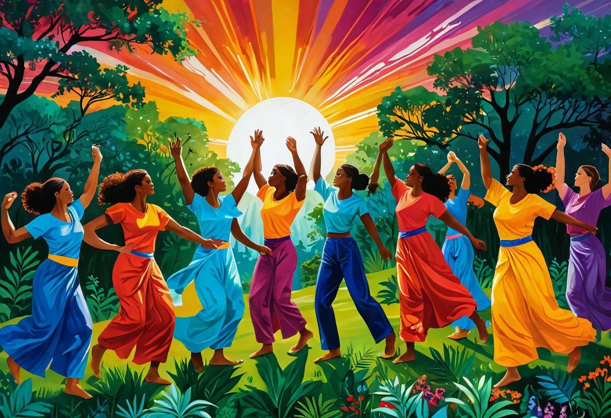 A powerful scene depicting a diverse group of passionate activists painted in vibrant colors, engaging in various forms of artistic expression like mural painting and dance, surrounded by lush greenery symbolizing planetary health. In the background, breathtaking landscapes illustrate the beauty of nature, while heartfelt messages of compassion and unity are visibly woven into their art. The atmosphere is filled with hope and energy, capturing the fusion of creativity and activism. vibrant colors. painting. dynamic and expressive.